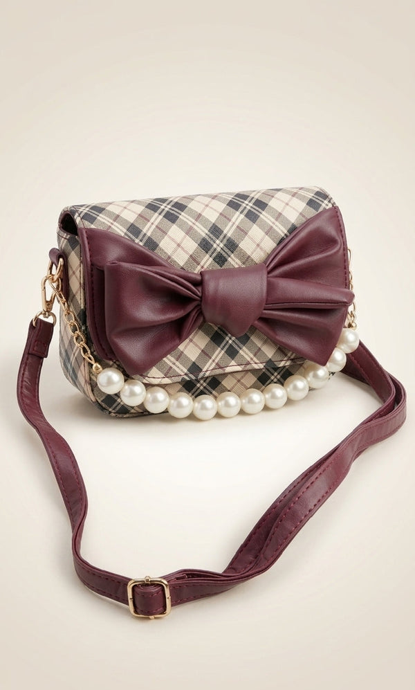 Mehroon Bow Accent Pearl Chain Handbag
