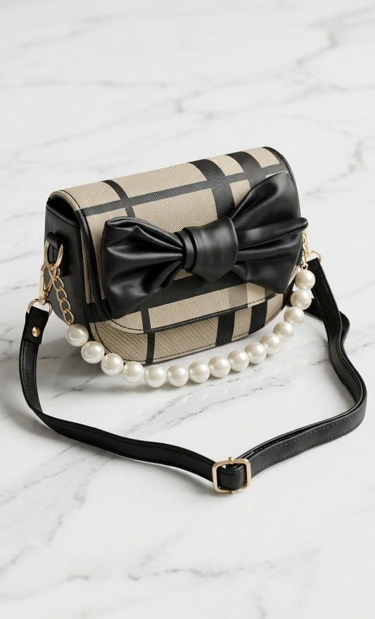 Black Bow Accent Pearl Chain Handbag