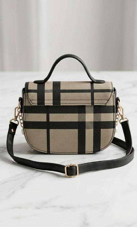 Black Bow Accent Pearl Chain Handbag