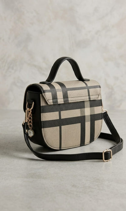 Black Bow Accent Pearl Chain Handbag