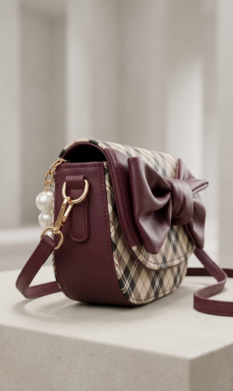 Mehroon Bow Accent Pearl Chain Handbag