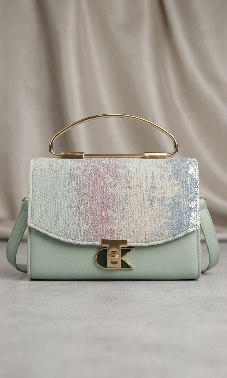 Elegant Green Textured Tote Bag with Gold Handle