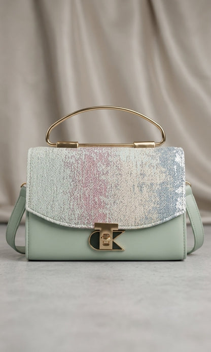 Elegant Green Textured Tote Bag with Gold Handle