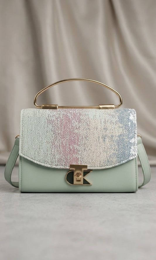 Elegant Green Textured Tote Bag with Gold Handle