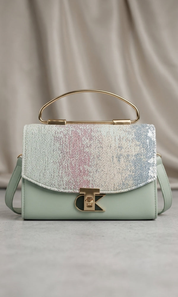 Elegant Green Textured Tote Bag with Gold Handle