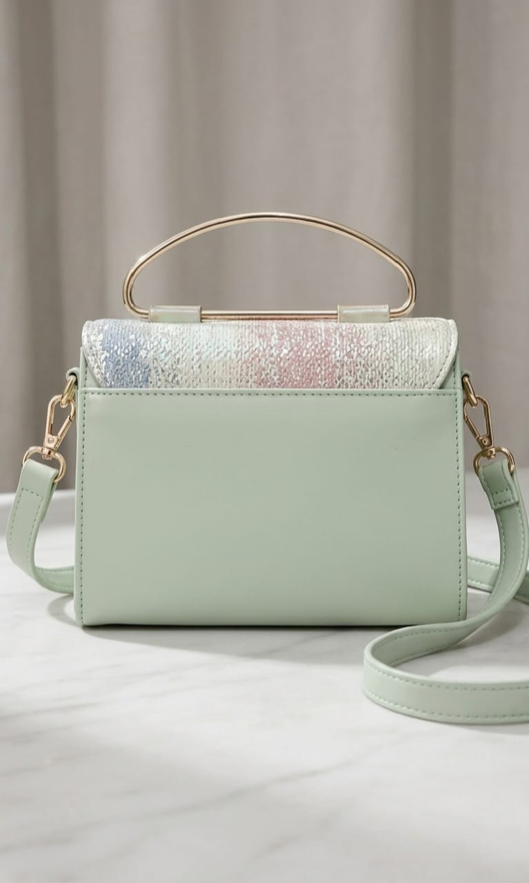 Elegant Green Textured Tote Bag with Gold Handle