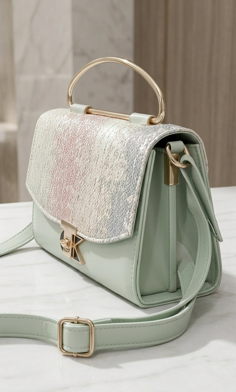 Elegant Green Textured Tote Bag with Gold Handle